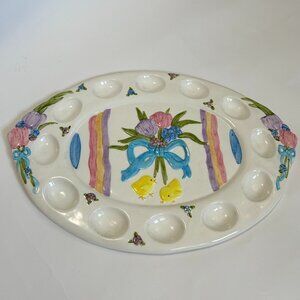 Vintage 1995 Hand Painted Deviled Egg Platter Baby Chicks flowers Easter II INC